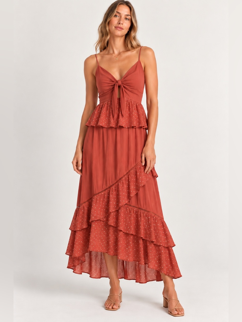 Love, Fire Coral Polka Dot Ruffle Two Piece Maxi Skirt Set Size Large